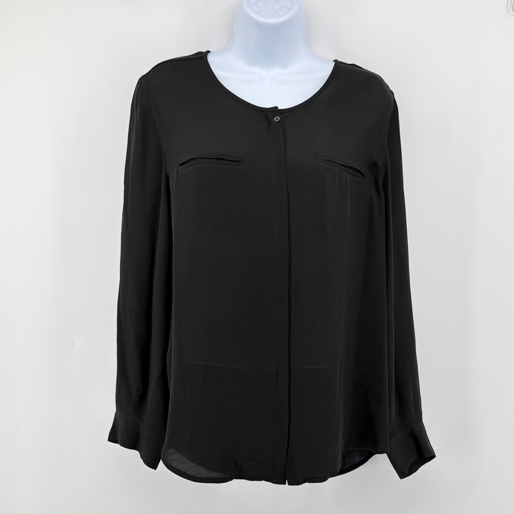 Joie Medium Black 100% Silk Button Front Blouse Long Sleeve Career Minimalist